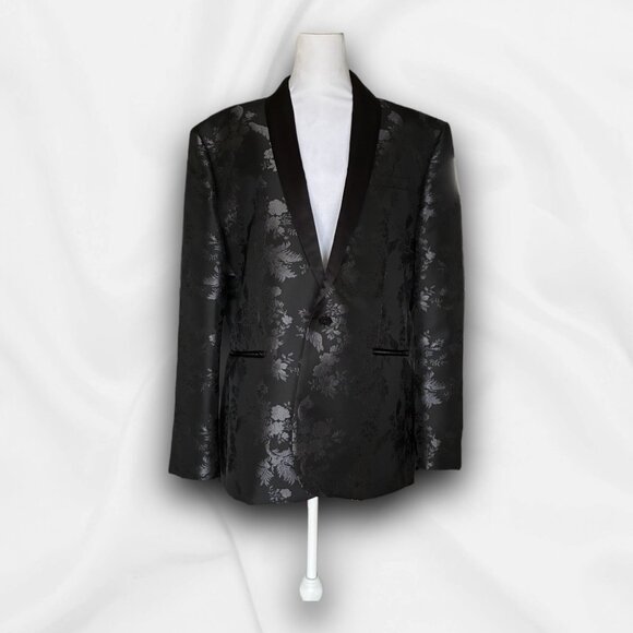 Express Men’s Slim Fit Black Floral Jacquard Blazer - 44R Evening, Formal Party - Picture 2 of 8